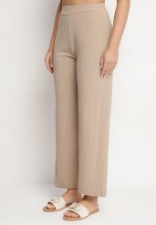 Ciemnobeżowe Prążkowane Spodnie Szerokie z Gumką w Pasie Drasia. Brązowe jeansy Born2be, m, bez wzorów, z jeansu. Za 49.99 zł.