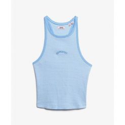 Tank top w paski z plecami w stylu sportowym i logo dla kobiet Superdry Essentia. Niebieskie bielizna termoaktywna damska Superdry, bez wzorów, bez ramiączek. W wyprzedaży za 99.40 zł.