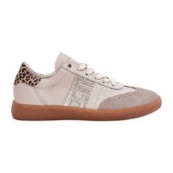 Skórzane Buty Sportowe Sneakersy Damskie Panterka CheBello 4640 Beżowe beżowy. Brązowe buty treningowe bez wzorów, z materiału, bez zapięcia. Za 697.41 zł.