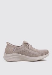 Buty sportowe Sneakersy damskie, Slip-Ins Ultra Flex 3.0 - Brilliant. Brązowe buty treningowe Skechers, bez wzorów, z materiału, przed kostkę, bez zapięcia, trekkingowe. Za 339.99 zł.