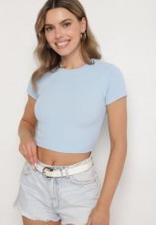 Jasnoniebieski T-shirt z Prążkowanego Materiału o Krótkim Kroju Telunna. Niebieskie t-shirty Born2be, l, bez wzorów, z jeansu, eleganckie, bez kołnierzyka, bez ramiączek. W wyprzedaży za 29.74 zł.