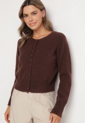 Brązowy Kardigan z Wełną na Guziki Cornelira. Brązowe swetry Born2be, bez wzorów, z bawełny, eleganckie, bez ramiączek. W wyprzedaży za 135.99 zł.