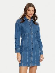 Guess Sukienka jeansowa W5RK99 D4H71 Niebieski Regular Fit. Niebieskie sukienki Guess, m, z aplikacjami, z bawełny, bez kołnierzyka, bez ramiączek. Za 339.99 zł.