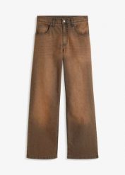 Jeansy wide leg, high waist, z efektem wytarcia w stylu vintage. Brązowe jeansy bonprix, bez wzorów, z jeansu, vintage, z podwyższonym stanem. Za 159.99 zł.