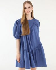 Krótka gładka sukienka. Niebieskie sukienki Unisono, l, bez wzorów, z bawełny, bez kołnierzyka, bez ramiączek, mini. Za 229.00 zł.