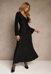 Czarna Rozkloszowana Sukienka Longsleeve w Zebrę Zdobiona Brokatem Mevilisa. Czarne sukienki Renee, m, z aplikacjami, klasyczne, bez kołnierzyka, bez ramiączek, maxi, rozkloszowane. Za 169.99 zł.