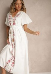 Biała Rozkloszowana Sukienka z Bawełny w Stylu Boho z Ozdobnym Haftem Sersena. Białe sukienki Renee, na co dzień, l, bez wzorów, z bawełny, boho, bez kołnierzyka, bez ramiączek, maxi, rozkloszowane. W wyprzedaży za 107.99 zł.