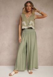 Jasnozielone Spodnie z Wiskozą o Szerokim Kroju High Waist Orrana. Zielone jeansy Renee, bez wzorów, z jeansu, eleganckie, z podwyższonym stanem. W wyprzedaży za 29.99 zł.
