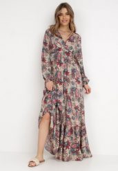 Beżowa Sukienka Anastolea. Brązowe sukienki Born2be, l, z aplikacjami, boho, bez kołnierzyka, bez ramiączek, maxi, kopertowe. W wyprzedaży za 72.24 zł.
