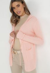 Jasnoróżowy Kardigan Ściągany w Pasie z Kapturem Mase. Czerwone swetry Born2be, na jesień, s, bez wzorów, bez ramiączek. W wyprzedaży za 47.99 zł.