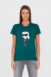 KARL LAGERFELD Zielony damski t-shirt Karl, Rozmiar M. Zielone t-shirty KARL LAGERFELD, m, bez wzorów, bez kołnierzyka, bez ramiączek. W wyprzedaży za 299.99 zł.