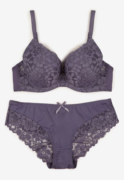 Fioletowy Koronkowy Komplet Biustonosz i Majtki Figi w Klasycznym Stylu Ezirene. Fioletowe figi Renee, z aplikacjami, z jeansu. Za 39.99 zł.