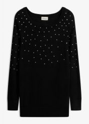 Długi sweter ze strasami. Czarne swetry bonprix, bez wzorów, z materiału, bez ramiączek. Za 124.99 zł.
