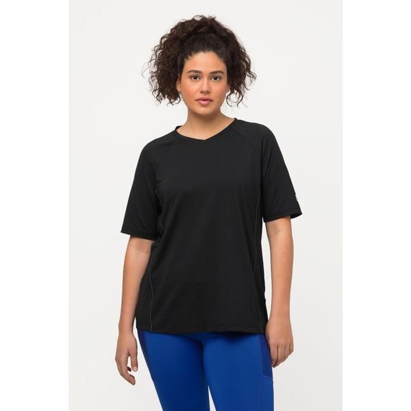 Damskie T-shirt ochrona UV 50+ dekolt w serek rękaw 1/2. Czarne t-shirty sportowe Ulla Popken, plus size, bez wzorów, z elastanu, bez ramiączek. Za 179.99 zł.