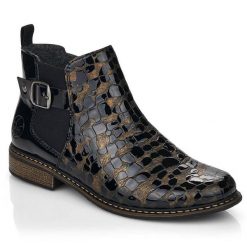 Skórzane sztyblety damskie lakierowane Rieker Z4965-90. Botki Rieker, bez wzorów, z lakierowanej skóry, bez obcasa, bez zapięcia. Za 389.00 zł.