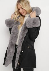 Czarno-Szara Kurtka Parka z Futerkiem i Kapturem Aresja. Czarne kurtki Born2be, na jesień, l, bez wzorów. Za 279.99 zł.