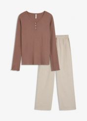 Piżama: bluza z prążkowanej dzianiny i spodnie z tkaniny. Brązowe bluzy bonprix, bez wzorów, z dzianiny, bez ramiączek, bez kaptura. Za 129.99 zł.