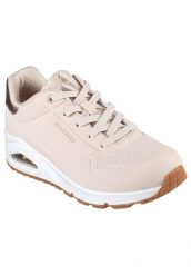 Buty sportowe Sneakersy damskie, Uno-Golden Air. Brązowe buty treningowe Skechers, bez wzorów, z materiału, przed kostkę, bez zapięcia, trekkingowe. Za 358.91 zł.