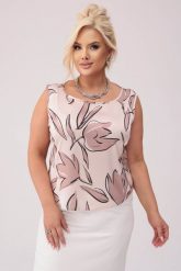 Beżowy satynowy top Sophia z motywem kwiatów PLUS SIZE XXL OVERSIZE WIOSNA. Brązowe topy Moda Size Plus Iwanek, l, bez wzorów, z elastanu, biznesowe, bez kołnierzyka, bez ramiączek. W wyprzedaży za 79.90 zł.