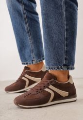 Brązowe Sneakersy Sportowe z Imitacji Zamszu z Geometrycznymi Wstawkami Shanoom. Brązowe buty sportowe lifestyle Born2be, bez wzorów, z dzianiny, casualowe, bez zapięcia. Za 119.99 zł.