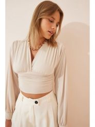 Happiness Istanbul Bluzka w kolorze kremowym rozmiar: 38. Brązowe bluzki Happiness Istanbul, bez wzorów, bez kołnierzyka, bez ramiączek. Za 60.99 zł.