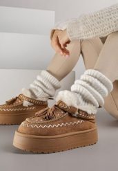 Brązowe Śniegowce na Grubej Podeszwie z Frędzlami i Haftem Linodis. Brązowe śniegowce Born2be, bez wzorów, z jeansu, bez zapięcia. Za 119.99 zł.