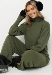 Zielony Komplet Dzianinowy z Wiskozą Bluza Golf ze Ściągaczami i Szerokie Spodnie Noridra. Zielone bluzy Born2be, bez wzorów, z dzianiny, wizytowe, bez ramiączek. Za 149.99 zł.