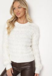 Biały Puchaty Sweter z Wełną i Ściągaczami Exenevia. Białe swetry Born2be, bez wzorów, z jeansu, bez ramiączek. W wyprzedaży za 67.99 zł.