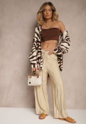 Beżowe Spodnie High Waist o Szerokim Kroju z Wiązaniem Telisiela. Brązowe jeansy Renee, bez wzorów, z jeansu, eleganckie, z podwyższonym stanem. W wyprzedaży za 29.99 zł.