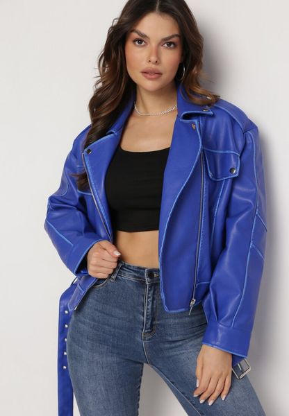 Granatowa Kurtka Ramoneska Vintage z Imitacji Skóry z Asymetrycznym Suwakiem i Patkami Kimina. Niebieskie kurtki Born2be, m, bez wzorów, z jeansu, vintage, bez kaptura. Za 249.99 zł.