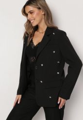 Czarna Pudełkowa Marynarka z Kieszeniami i Ozdobnymi Literkami Keletia. Czarne marynarki i żakiety Born2be, m, bez wzorów, z jeansu, eleganckie, bez ramiączek. Za 239.99 zł.
