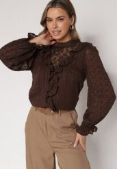 Brązowa Bluzka Zdobiona Koronką Falbankami i Metaliczną Nicią Feralea. Brązowe bluzki Born2be, l, z aplikacjami, z jeansu, biznesowe, bez kołnierzyka, bez ramiączek. Za 109.99 zł.