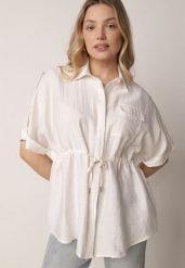 Jasnobeżowa Nietoperzowa Koszula Safari z Lnem i Wiskozą ze Ściągaczem w Pasie Mezriss. Brązowe koszule Born2be, uniwersalny, bez wzorów, z wiskozy, biznesowe, bez kołnierzyka, bez ramiączek. Za 99.99 zł.