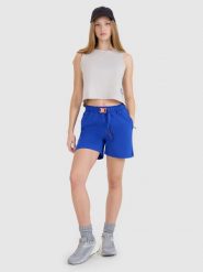4F Spodenki casual damskie - niebieskie L. Niebieskie szorty 4f, bez wzorów, z dresówki, casualowe. W wyprzedaży za 99.99 zł.