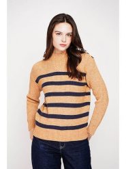 C& Jo Sweter w kolorze jasnobrązowo-granatowym rozmiar: 38. Brązowe swetry C& Jo, bez wzorów, ze splotem, klasyczne, bez ramiączek. Za 121.99 zł.