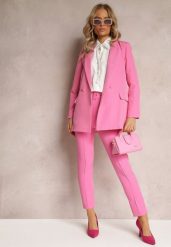 Różowe Dopasowane Spodnie Garniturowe High Waist z Paskiem w Talii Ozdobionym Klamrą Binah. Czerwone jeansy Renee, s, bez wzorów, z jeansu, biznesowe, z podwyższonym stanem. W wyprzedaży za 83.99 zł.