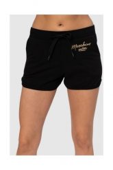 MOSCHINO Czarne szorty damskie ze złotym logo, Rozmiar S. Czarne szorty MOSCHINO, z aplikacjami, z bawełny. W wyprzedaży za 299.99 zł.