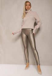 Srebrne Legginsy z Imitacji Skóry High Waist z Polarem Selabra. Żółte legginsy Renee, bez wzorów, z jeansu. Za 34.99 zł.