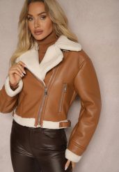 Brązowa Krótka Kurtka Biker z Futerkowym Obszyciem i Klamerkami Laorissa. Brązowe kurtki Renee, l, bez wzorów, eleganckie, bez kaptura. W wyprzedaży za 237.99 zł.