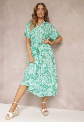 Miętowo-Zielona Rozkloszowana Sukienka w Kwiaty z Falbaną Humina. Zielone sukienki Renee, m, bez wzorów, z materiału, bez kołnierzyka, bez ramiączek, midi, rozkloszowane. W wyprzedaży za 62.99 zł.