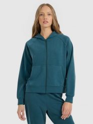 4F Bluza dresowa rozpinana z modalem damska - turkusowa M. Niebieskie bluzy 4f, m, bez wzorów, z dresówki, bez ramiączek, z kapturem. Za 189.99 zł.