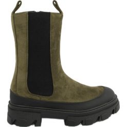 Botki sztyblety wysokie Telma Green zielone. Zielone botki INNA MARKA, bez wzorów, z materiału, przed kolano, bez obcasa, bez zapięcia. Za 235.35 zł.