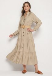 Beżowa Sukienka Koszulowa z Wiskozy z Elastycznym Paskiem z Klamrą Felucia. Brązowe sukienki Born2be, na co dzień, l, bez wzorów, z wiskozy, eleganckie, bez kołnierzyka, bez ramiączek, maxi, koszulowe. Za 89.99 zł.