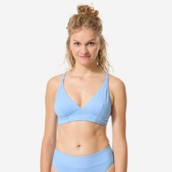 Góra kostiumu kąpielowego surfingowego damska Decathlon Bea Venice. Niebieskie bikini Decathlon, bez wzorów, z materiału, sportowe. Za 99.99 zł.