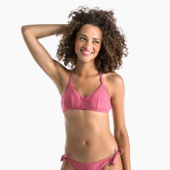 Góra kostiumu kąpielowego surfingowego damska Olaian Caro. Czerwone bikini OLAIAN, bez wzorów, z elastanu, sportowe. W wyprzedaży za 24.99 zł.