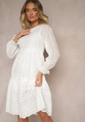 Biała Bawełniana Sukienka z Ażurowym Wzorem Ridittia. Białe sukienki Renee, na co dzień, l, z aplikacjami, z bawełny, eleganckie, bez kołnierzyka, bez ramiączek, midi, proste. W wyprzedaży za 119.99 zł.