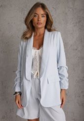 Niebieska Elegancka Marynarka bez Zapięcia z Marszczonymi Rękawami Albuca. Niebieskie marynarki i żakiety Renee, l, bez wzorów, biznesowe, bez ramiączek. Za 179.99 zł.