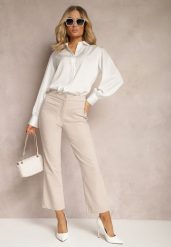 Jasnobeżowe Spodnie High Waist w Garniturowym Stylu z Prostymi Nogawkami Nieana. Brązowe jeansy Renee, m, bez wzorów, z jeansu, z podwyższonym stanem. W wyprzedaży za 67.99 zł.