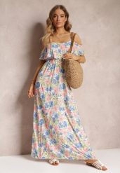 Biało-Niebieska Sukienka Maxi Bawełniana w Kwiaty z Falbanką Saranna. Białe sukienki Renee, na imprezę, l, bez wzorów, z bawełny, bez kołnierzyka, bez ramiączek, maxi, rozkloszowane. W wyprzedaży za 67.99 zł.