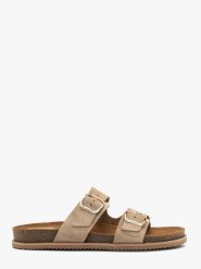 Piaskowe klapki damskie płaskie. Brązowe klapki Ryłko, bez wzorów, ze skóry, klasyczne, bez obcasa, na płaskiej podeszwie, bez zapięcia. Za 499.99 zł.